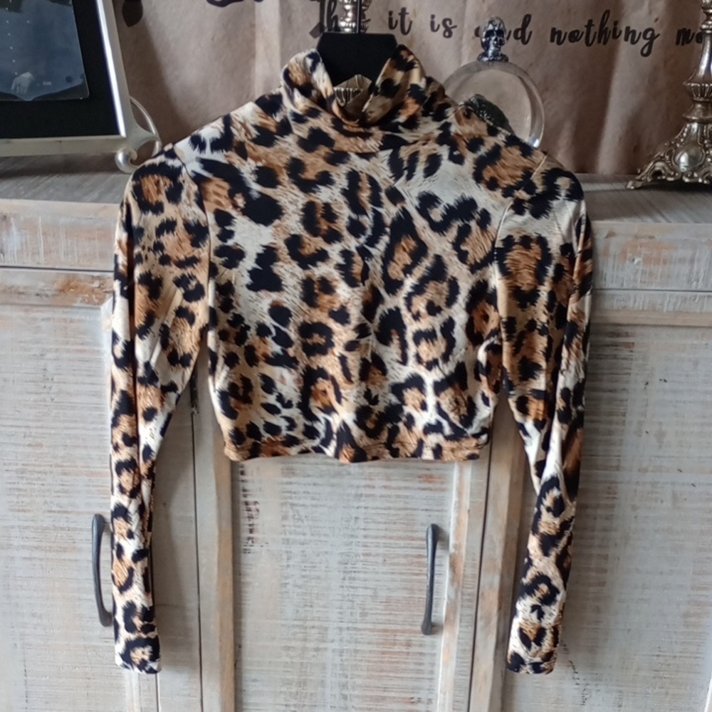 C) Leopard Print Turtleneck Crop Top